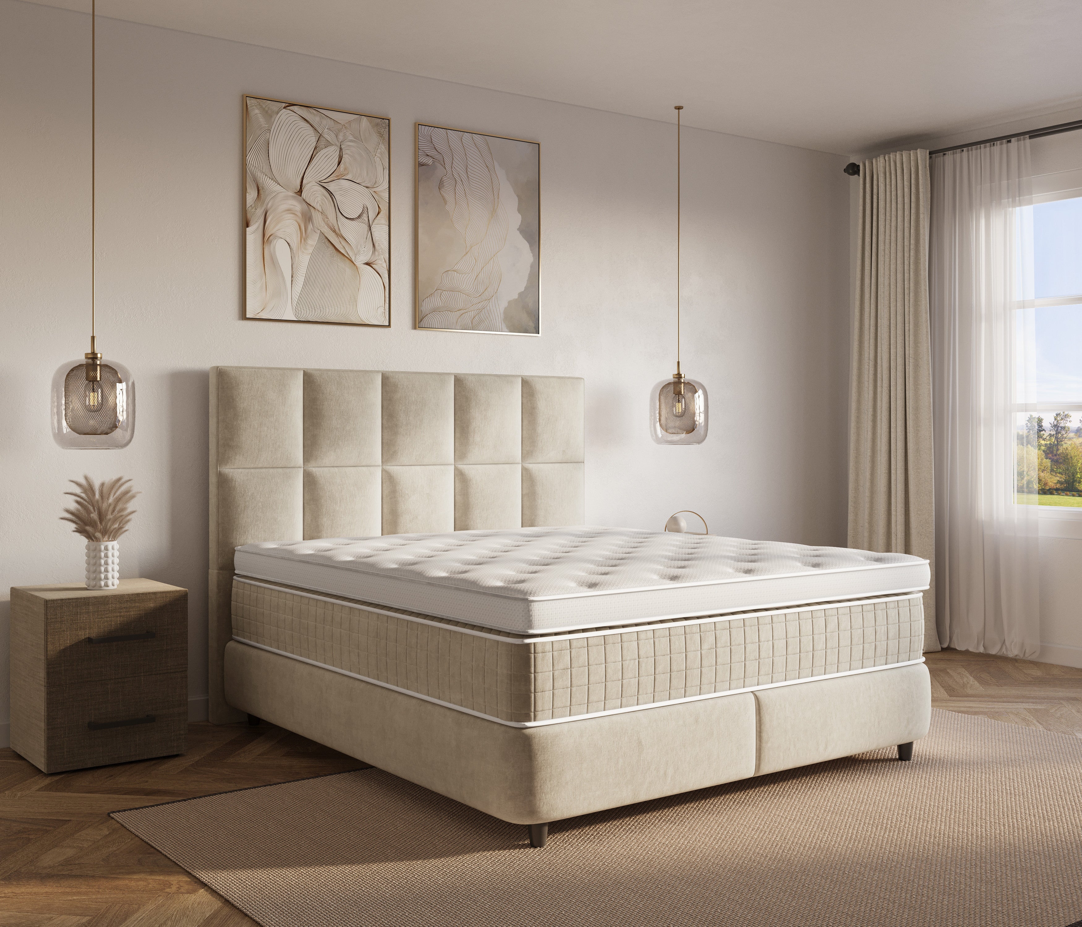 Le lit coffre Aurélian – Velours beige champagne