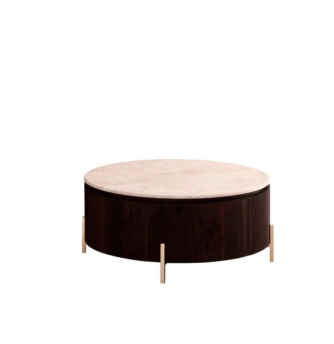 Table basse ronde – Travertin et bois de manguier (Ø100 cm)