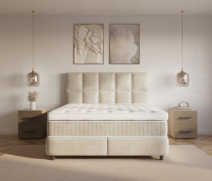 Le lit coffre Aurélian – Velours beige champagne